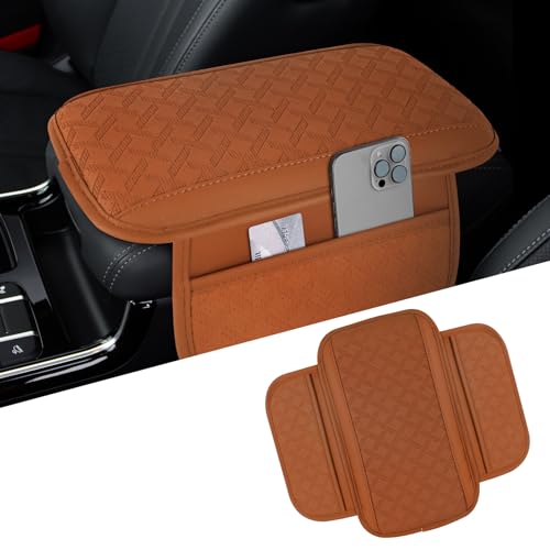 Car Center Console Cover, 12"×7.87" Leather Arm Rest Cover for Car, Comfortable Armrest Seat Box Cushion with Pocket, Armrest Cover Protector Universal Car Interior Accessories (Orange) - color: Orange