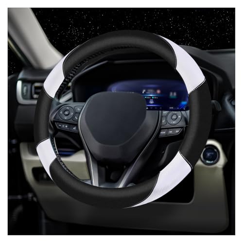 Soft Leather Steering Wheel Cover with Breathable Design and Anti-Slip Grip, Fully Compatible with Tesla, Toyota, Honda, Nissan 14.5-15.2 inch Round Steering Wheel（Sedans and SUVs） - color: DOUBLE-WHITE