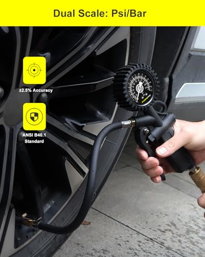 Atsafepro Tire Pressure Gauge with Inflator - 0-220PSI ANSI B40.1 Accurate, 2.5" Easy Read Glow Dial & Rubber Hose, Air Compressor Attachments for Tire Pressure Check - size: Mechanical Pressure Gauge With Inflator