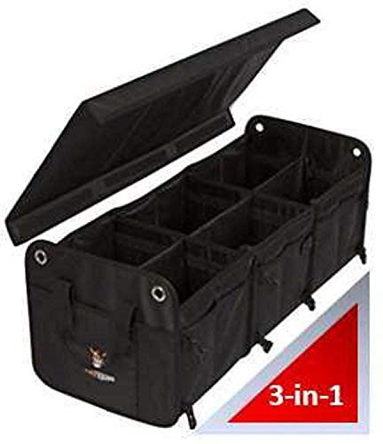 Tuff Viking Convertible Large 3 Compartment SUV Trunk Organizer | Truck Bed Organizer with Cover for Trucks, Cars, SUVs and Groceries. PATENTED (4-in-1 with Cover, Black) - color: Black, size: 3-in-1 with Cover