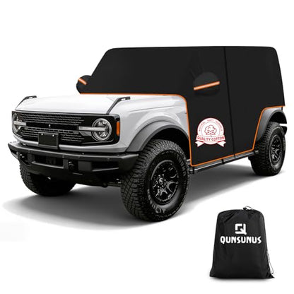 QUNSUNUS Bronco Cover 4 Door Cab Cover All Years,Waterproof Bronco Cab Cover with Cotton Liner, All Weather Half Car Rain Cover with Adjustable Straps and Zipper for Wind, Sun, UV and Dust Protection - size: for Bronco 4 Door Cab Cover