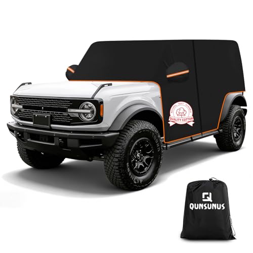 QUNSUNUS Bronco Cover 4 Door Cab Cover All Years,Waterproof Bronco Cab Cover with Cotton Liner, All Weather Half Car Rain Cover with Adjustable Straps and Zipper for Wind, Sun, UV and Dust Protection - size: for Bronco 4 Door Cab Cover