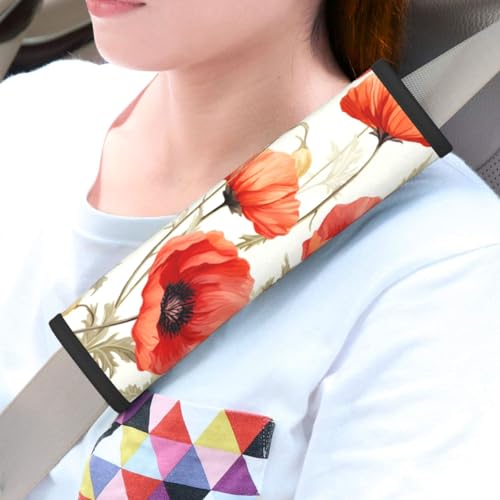 Seat Belt Cover Pad Retro Red Poppy Flower Soft Safety Car Automotive Seat Belt Pads Cushion Shoulder Strap Covers for Cars or Bags, 2 Pcs - color: Retro Red Poppy Flower