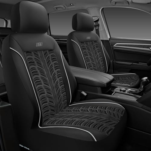 Skechers Slip-Ins Seat Covers, Memory Foam 3D Tyre Embossed Leather Car Seat Covers Front Seats Airbag Compatible, Universal Automotive Comfort for Most Cars, Vans, Trucks, SUV, Gray - color: Black and Gray, size: Two Front