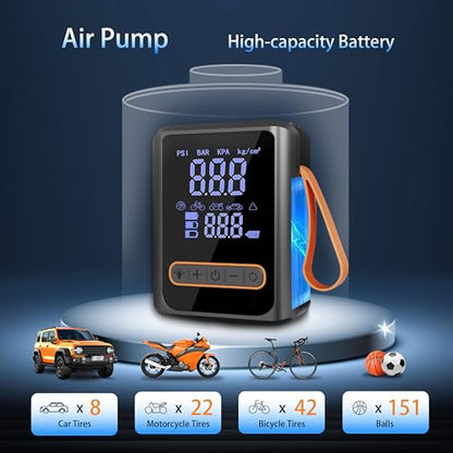 Tire Inflator Portable Air Compressor, 150PSI Dual-Cylinder, 12V DC and Cordless Air Pump, 3X Fast Inflation, with Digital Pressure Gauge, LED Light and Auto Shut-Off, for Car, Motorcycle, Bicycle