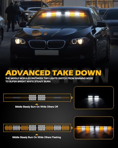 HLauto 604N Emergency Dash Strobe Lights: 2x16.8 inch Amber White Security Light w/Take Down, 48 LED Safety Flashing Warning Hazard Interior Windshield Light Bar for Truck Vehicle - color: #01 Amber / White