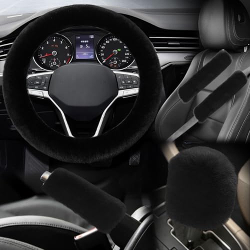 5PCS Fluffy Car Steering Wheel Cover Set, Includes Faux Fur Gear Shift Cover & Handbrake Cover & Steering Wheel Protector & 2 Seat Belt Shoulder Pads, Winter Fuzzy Warm Car Accessories (Black) - color: Black