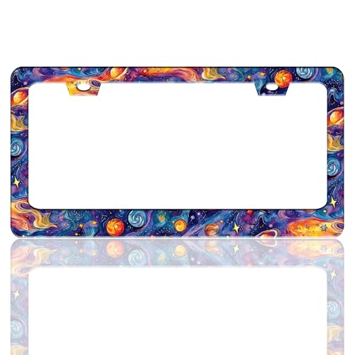 Galaxy Planet License Plate Frame Beautiful Universe Star Stainless Steel License Plate Holder for Front and Rear Car Tags Funny for Car Decoration Accessories with Screws 6.3 X 12.2 in for Women Men - color: Galaxy Planet