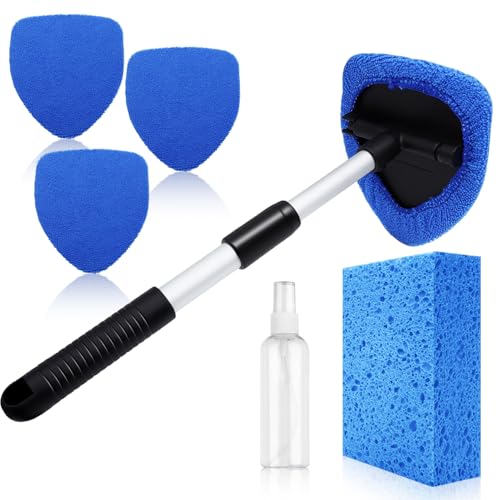Windshield Cleaner Tool 22.5" L - Car Interior&Exterior Window Cleaning Kit with Extendable Handle&4 Microfiber Pads and Thick Large Wash Sponge, Auto Glass Wiper Brush Kit for Cars Home (7pcs Blue) - color: Blue