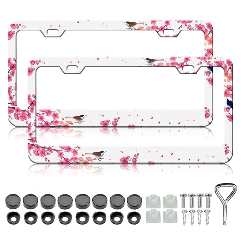 HCSS Pink Cherry Blossom License Plate Frames - 2 Pack Pink Flower Bird License Plate Holder, Stainless Steel Rust-Proof Waterproof Car Decorative Tag Frame for Standard US 12x6 Inch - color: Pink Cherry Blossom