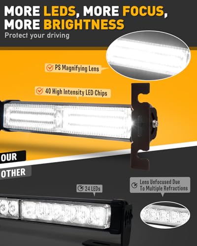 HLauto 1002L Emergency Strobe Traffic Advisor Light Bar: 40 LED Dash Safety Warning Flashing Light, Front/Rear Windshield Visor Lights for Construction Vehicle, Tow/Plow Truck (2x10.7inch, White) - color: White