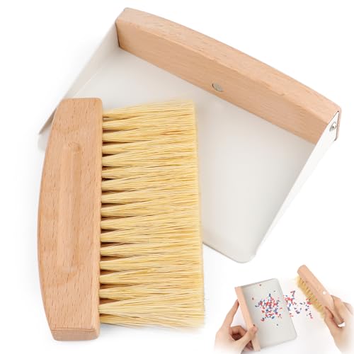 Small Dustpan and Brush Set with Wooden Handle,Mini Metal Crumb Sweeper for Countertops,Desk,Pet Hair,Car,Portable Cleaning Tools for Kitchen,Camping,Sofa (White) - color: White