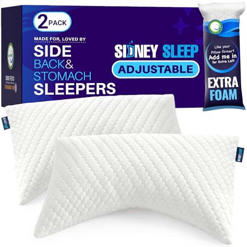 Sidney Sleep Set of 2 Queen Size Bed Pillows for Side and Back Sleepers - Adjustable Filling - Memory Foam Pillows for Neck and Shoulder Pain - Customizable Loft - Extra Foam Included (White) - color: White, size: Queen (Pack of 2)
