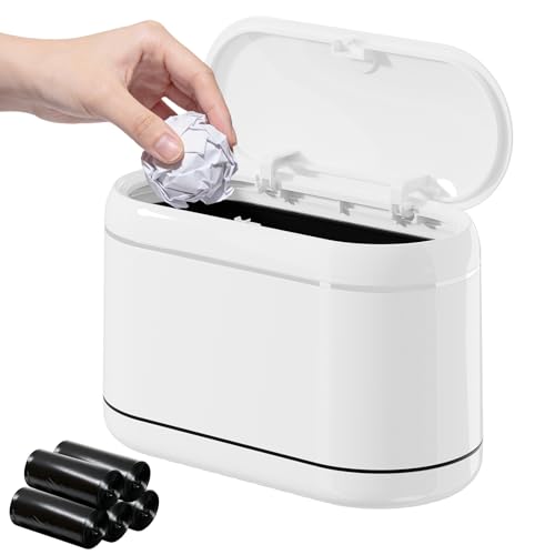 PAVSTINE Mini Trash Can for Desk with 5 Rolls of Trash Bags, Small Press-Top Countertop Garbage Bin, Removable Waste Basket for Bedroom, Vanity, Coffee Table, Kitchen (White Full-Lid) - color: White Full-Lid