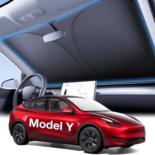 Wigoo Tesla New Model Y Accessories Windshield Sunshade [OEM Design, 100% Sun Blockage] Foldable Heat Insulation Sunshade with Storage Bag, for Model Y 2020~2026 (Juniper), Silver Coating - size: 1. Model Y (2016-2026)