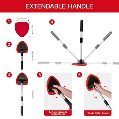 Qydipclin 11pcs Windshield Cleaner Tool, Car Window Cleaning Wash Kit with 6 Reusable Microfiber Pads 2 Spray Bottles and Extendable Handles Auto Glass Wiper Kit, Red - color: Red