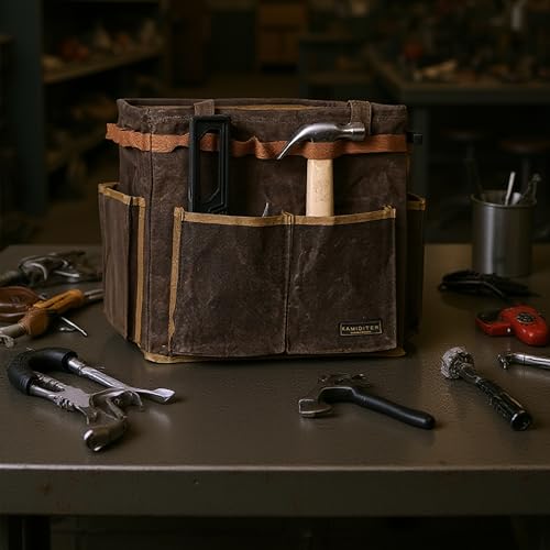 Self-Standing Tool Bag with 6 Pockets & 23 Hanging Holes - Collapsible Reusable Wire Frame Rectangular Basket, Easy Tool Access, 14" x 13" x 10" | Grey - color: Grey