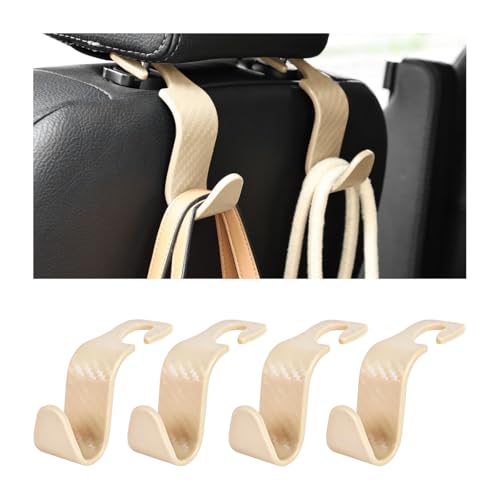 Car Seat Headrest Hooks, 4PCS Carbon Fiber Vehicle Back Seat Storage Hanger Holder for Hangbag Coat Grocery, Automotive Interior Headrest Hook Organizer, Universal for Vehicles (Beige) - color: Carbon Fiber Beige
