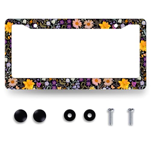 Folk Art Floral License Plate Frame Colorful Flowers License Plate Holders Stainless Steel Car Bracket 2 Hole with Screws Universal Auto Accessory License Plate Frames 6.2x12.2 Inch - color: Folk Floral Colorful Flowers