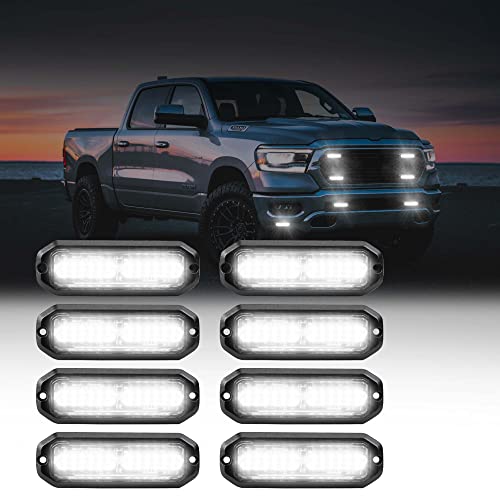 WINECO 8pcs Ultra Slim White 12-LED Surface Mount Grille Flash side marker Emergency Strobe Lights,Grill Warning Police Lights Hazard Beacon Flashing Caution Light for Vehicles Motorcycles 12V-24V - color: White