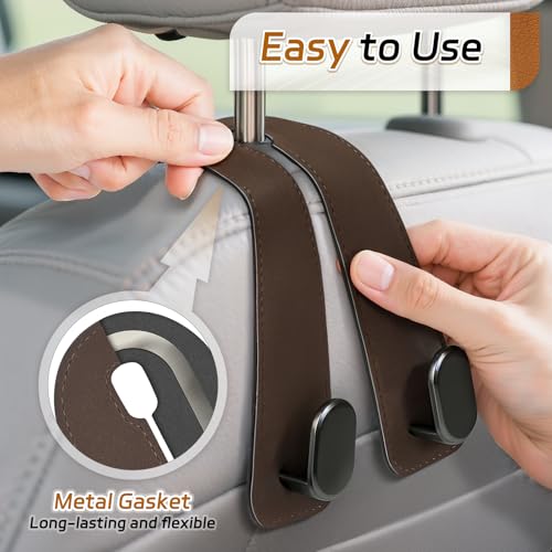 Car Seat Headrest Hooks - 2 Pack Universal Car Purse Hook, Leather Car Bag Purse Holder with Double Metal Hooks for Handbags, Grocery Bags, Bottles, Phones - color: Brown