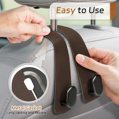 Car Seat Headrest Hooks - 2 Pack Universal Car Purse Hook, Leather Car Bag Purse Holder with Double Metal Hooks for Handbags, Grocery Bags, Bottles, Phones - color: Brown