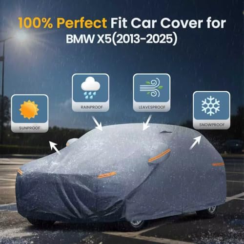Waterproof BMW X5(2013-2026) Car Cover with Breathable Vents, [2026 Upgrade] Premium Covers with Cotton Liner and Zipper Door, Sun Rain Snow Dust Uv Protection.(Gift with Towel) - color: SUV Car Cover, size: Custom Fit BMW X5+Towel+Bag