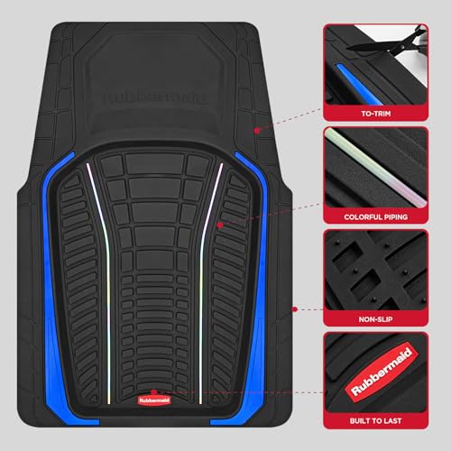 Rubbermaid Car Floor Mats Full Set – Premium All-Weather Car Mat with Brushed Aluminum Inserts, Universal Trim-to-Fit Design, Anti-Slip Backing for Cars, SUVs, Trucks, and Vans - color: Blue