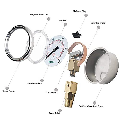 2-1/2” Glycerin Filled Pressure Gauge, 0-100Psi, 1/4”NPT Lower Mount, Stainless Steel Case, Brass Internals, Water Pressure Gauge - size: 0-100 Psi
