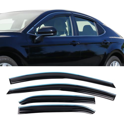 Tape on Outside Mount Window Visor with Chrome Trim Compatible with 2018-2024 Toyota Camry, Acrylic Smoke/Tinted Air Deflector Sun Rain Guard 4pcs by IKON MOTORSPORTS, 2019 2020 - color: Mugen Style With Chrome Trim