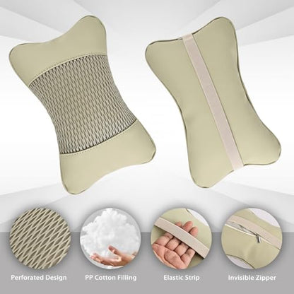 2 Pack Car Neck Pillow Soft Breathable Mesh Headrest Pillows for Driving Support, Universal Fit for Most Car Seats Decor Accessories（Off White）