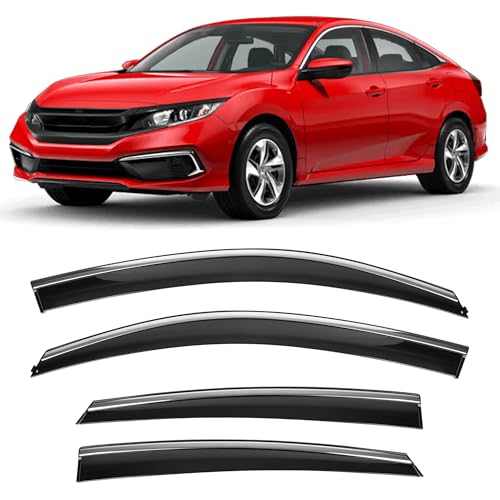 Shatterproof Taped-On Window Deflectors for Honda Civic 2016-2021 (Not for Hatchback) with Chrome Trim, Rain Guards, Window Visors for Car, Vent Deflector, 4pcs - size: For CIVIC 2016-2019