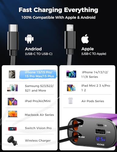 SUPERONE 【Upgraded】 Retractable Car Charger 4 in 1, Fast Car Phone Charger with Cord 2.6ft, USB C and Apple Car Charger Adapter, Compatible with iPhone 17/16/15/15 Pro Max/14/13/12/11, Galaxy, Pixel - color: Purple