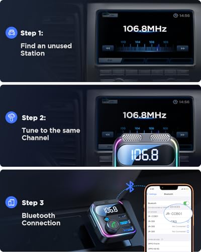 JOYROOM Bluetooth 6.0 Car Adapter FM Transmitter 81W Bluetooth Cigarette Lighter Adapter [PD45W&QC36W] Fast Charging Dual Mics HiFi Bass LED Display Wireless Radio Hands-Free Calling Support USB Drive - color: Black