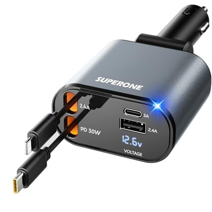 SUPERONE 【Upgraded】 Retractable Car Charger 4 in 1, Fast Car Phone Charger with Cord 2.6ft, USB C and Apple Car Charger Adapter, Compatible with iPhone 17 16 15/15 Pro Max/14/13/12/11, Galaxy, Pixel - color: Gray