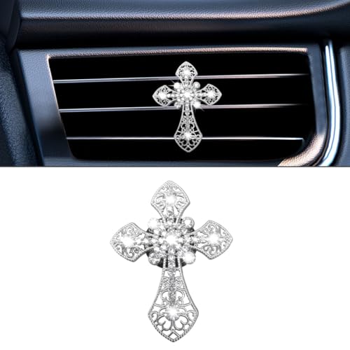 Bling Car Dashboard Air Vent Trim Clips, Crystal Rhinestone Air Vent Clips, Car Interior Decoration Accessories, Cross Air Conditioning Outlet Clip for Women Girls (Silver, 1PCS) - color: Sliver-1PCS