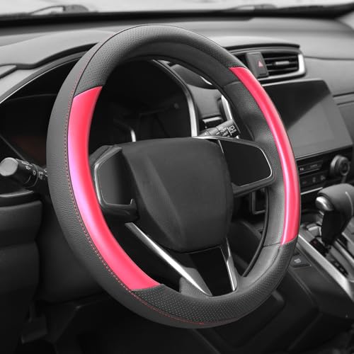 Auto Dynasty Steering Wheel Cover, Breathable Microfiber Leather Car Steering Wheel Protector with Black Red Contrast Stitching, Anti-Slip, [14 1/2 to 15 Inches] Universal Fit Cars Trucks SUVs - color: Contrast Red