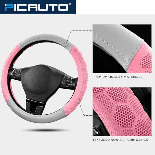 PIC AUTO Massage Steering Wheel Cover, Pink Football Pattern Material Spliced & Gray Leather Car Steering Wheel Cover, Car Steering Cover, Universal Fit 14.5"-15.5" for Cars, Trucks, Van, SUVs - color: Pink Gray