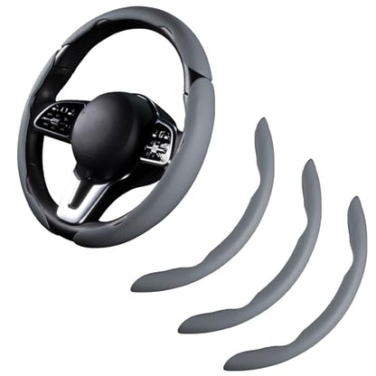 Car Steering Wheel Cover Leather Snap On 3Pcs Set Non-Slip Protector Wrap Steering Wheel Accessories 14.5-15 inch Universal Gray - color: Gray
