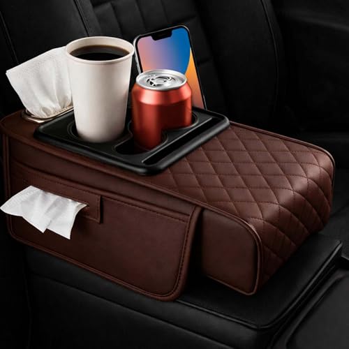 2026 Multifunctional PU Leather Car Armrest Box Mat,5-in-1 Center Console Cover with Cup Holder with 2 Storage Bags,Tissue Box Slot, Phone Slot,Universal Car Armrest Storage Bag (Brown) - color: Brown