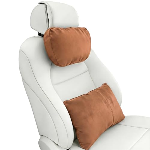 2PCS Car Pillow for Car Neck Pillow for Driving Seat Neck Support Soft Cushion Back Support Head-Rests for Vehicle Sleeping with Elastic Adjustment Strap (Brown, Head and Lumbar) - color: Brown, size: Head and Lumbar