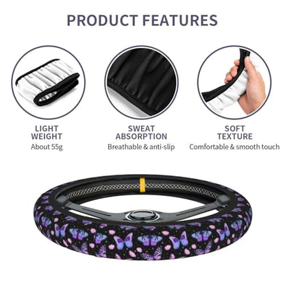 Purple Butterfly Steering Wheel Cover - Beauty Butterfly Wheel Cover Anti-Slip Breathable Universal for 15 Inch Car Steering Wheel Cover with 2 Pieces Car Coasters Suitable for Men Women - color: Purple Butterfly1