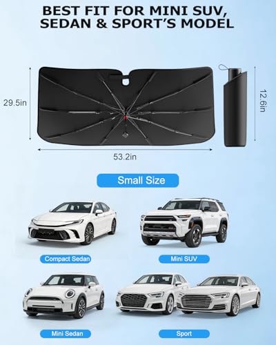DMJN Umbrella Windshield Sun Shade - Small, Car Sunshade for Front Windshield [Nano Ice-Crystal Coatings] UPF50+ Heat & UV Block, Protect Interior & Keep Cooler Universal for Car, SUV, Truck - size: Small(53"l X 29"w)