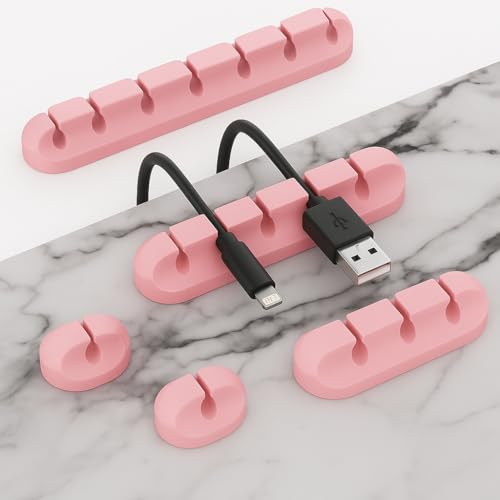 Cord Holder Cable Organizer Clips – Self Adhesive Cord Organizer for Desk, Car, Nightstands, Office, Pink Silicone Cord Keeper Cable Clips Wire Holders for Charger Cords (7-5-3-1-1 Slots) - color: pink