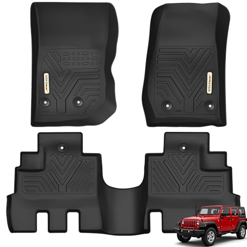 YITAMOTOR Floor Mats for Jeep Wrangler JK Unlimited 4 Doors 2014-2018 (Not for JL or 2-Door), All Weather Custom Fit Floor Liners 1st & 2nd Row Protection, Heavy Duty Car Mats Black - style: 2014-2018 Wrangler JK 1st & 2nd Row