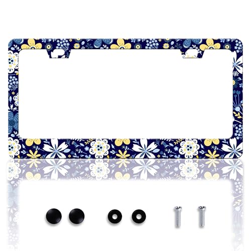 Colorful Flowers License Plate Frame Floral License Plate Holder Personalise Stainless Steel Funny Design Compatible with Standard License Plate Frames for USA and Canada 6 X 12 Inch with Screws - color: Colorful Flowers