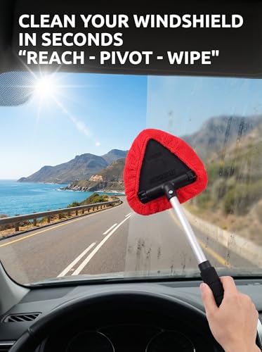 TAKAVU Windshield Window Cleaner Tool, Extendable Long-Reach Handle, Unique Pivoting Triangular Head, 3 Washable Reusable Microfiber Bonnets, Car & Home Inside Interior Exterior Use - Lint Free (Red) - color: Black & Red