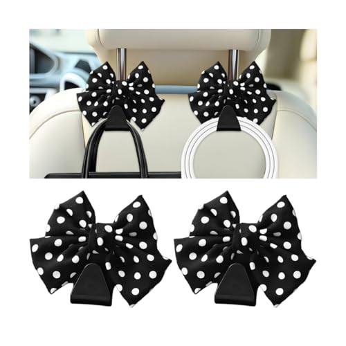 Cute Bow Car Seat Headrest Hooks, 2PCS Multifunctional Vehicle Rear Seat Hanging Hooks, Automotive Interior Seatback Storage Organizer for Purses Bags, Universal Fit (Black/Polka Dot) - color: Black/Polka Dot