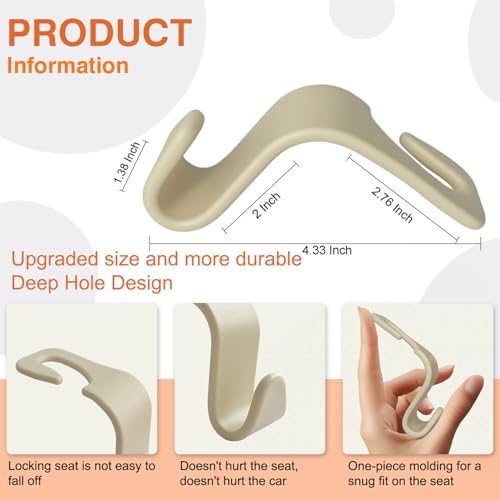 Car Seat Hooks & Purse Holder - 4 Pack Boxed,55 lb Heavy Duty,Eco PP Car Hooks for Purse/Bag/Baby Gear/Gym Bag/Groceries/Cup/,Fits 0.32-0.55”Car Headrest Rods (Beige) - color: Beige