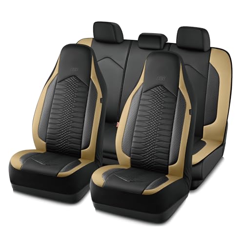Skechers Memory Foam Car Seat Covers, Leather High Back Seat Covers Quilting Design,Waterproof Sports Car Seat Covers Full Sets,Airbag Compatible, Universal Fit for Most Cars, SUVs,Trucks,Beige - color: Black and Beige, size: All Seats